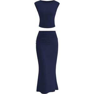 Skirt Sets Women 2 Piece Outfits Navy Blue